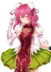 Rule 34 | 1girl, bandaged arm, bandages, breasts, bun cover, double bun, flower, green skirt, hair bun, highres, ibaraki kasen, large breasts, looking at viewer, nikomiudon 06, open mouth, pink eyes, pink hair, rose, short hair, simple background, skirt, solo, tabard, touhou, white background