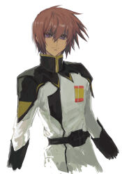 1boy belt brown_hair gundam gundam_seed high_collar highres jacket kira_yamato looking_at_viewer male_focus military_uniform purple_eyes she_(morianosu) short_hair simple_background sketch smile solo upper_body white_background zaft_uniform