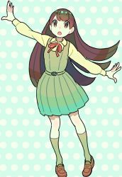 Rule 34 | 1girl, brown eyes, brown footwear, brown hair, collared shirt, dress, full body, green dress, green socks, long hair, long sleeves, nobile1031, original, outstretched arms, pleated dress, red neckwear, red ribbon, ribbon, shirt, shoes, socks, solo, standing, very long hair, yellow shirt