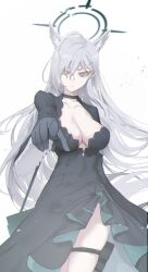 Rule 34 | 1girl, black dress, blue archive, cizzi, dress, halo, highres, index finger raised, shiroko terror (blue archive), solo, white background, white hair