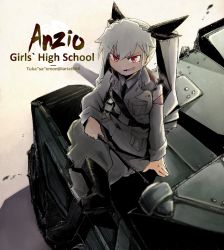 Rule 34 | 1girl, anchovy (girls und panzer), anzio military uniform, arm support, artist name, bad id, bad pixiv id, belt, black belt, black footwear, black necktie, black ribbon, black shirt, blouse, boots, carro armato p40, commentary, crossed legs, dress shirt, drill hair, english text, girls und panzer, green hair, grey jacket, grey pants, hair ribbon, holding, holding riding crop, italian commentary, jacket, knee boots, long hair, long sleeves, looking at viewer, military, military uniform, military vehicle, miniskirt, motor vehicle, necktie, on vehicle, open mouth, pants, pants tucked in, red eyes, ribbon, riding crop, sam browne belt, shadow, shirt, sitting, skirt, smirk, solo, tank, tsukasa-emon, twin drills, twintails, twitter username, uniform, v-shaped eyebrows