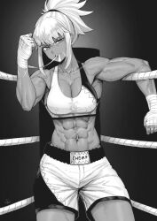 Rule 34 | 1girl, abs, absurdres, annoyed, biting, boxing ring, boxing shorts, breasts, cleavage, detailed knuckles, english text, greyscale, hair ornament, hair scrunchie, highres, long bangs, looking at viewer, medium breasts, monochrome, muscular, muscular female, navel, original, ponytail, ribs, scar, scar on arm, scar on face, scar on stomach, scrunchie, shark print, sharp teeth, shorts, signature, solo, speedl00ver, sports bra, tan, teeth, tying, veins, veiny arms, white hair, white sports bra