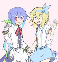Rule 34 | 2girls, alice margatroid, alice margatroid (pc-98), apron, bad id, bad pixiv id, blue eyes, blue hair, blue skirt, blush, bow, collared shirt, commentary request, cowboy shot, gloves, gradient hair, hair bow, hairband, holding hands, hand up, hinanawi tenshi, kenuu (kenny), long hair, long skirt, long sleeves, multicolored hair, multiple girls, no pupils, one eye closed, open mouth, pink background, ponytail, red eyes, shirt, short hair, short sleeves, skirt, smile, suspenders, touhou, touhou (pc-98), aged down