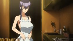 Rule 34 | 1girl, animated, animated gif, apron, breasts, busujima saeko, cleavage, female focus, flou (flou art), green eyes, highschool of the dead, large breasts, long hair, naked apron, purple hair, solo, upper body