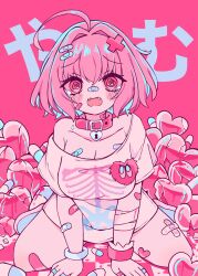 Rule 34 | 1girl, @ @, absurdres, ahoge, arm support, bandaged arm, bandages, bandaid, bandaid on arm, bandaid on breast, breasts, broken heart, checkered floor, collar, collarbone, fangs, frilled wristband, hair intakes, hair ornament, heart, heart-shaped lock, highres, idolmaster, idolmaster cinderella girls, jewelry, large breasts, leaning forward, looking at viewer, medium hair, melonbread, no pants, open mouth, pill, pink background, pink collar, pink wristband, ring, shirt, short sleeves, sitting, skeleton print, solo, thighs, wariza, x hair ornament, yumemi riamu