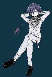 Rule 34 | 10s, 1boy, ahoge, arms behind head, black hair, blue background, buttons, checkered clothes, checkered scarf, danganronpa (series), danganronpa v3: killing harmony, full body, gt (geta), invisible chair, crossed legs, male focus, oma kokichi, purple eyes, purple hair, scarf, short hair, simple background, sitting, solo, spoken squiggle, squiggle, straitjacket