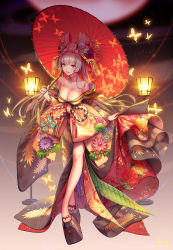 Rule 34 | 1girl, alternate costume, bare shoulders, bathory (destiny child), blush, breasts, brown eyes, bug, butterfly, cleavage, destiny child, highres, bug, japanese clothes, kimono, kkuem, lantern, large breasts, long hair, looking at viewer, new year, original, parasol, platform clogs, silver hair, smile, solo, standing, umbrella