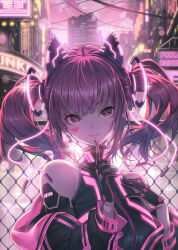 Rule 34 | + +, 1girl, bare shoulders, black gloves, black jacket, black leotard, breasts, building, chain-link fence, commentary request, fence, gloves, hagure keg, hand up, hands up, headgear, heart, highres, jacket, leotard, long sleeves, looking at viewer, medium breasts, neon lights, neon trim, off shoulder, open clothes, open jacket, original, outdoors, parted lips, puffy long sleeves, puffy sleeves, purple hair, red eyes, smile, solo, twintails, upper body