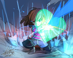 Rule 34 | 10s, 2016, androgynous, arrow (symbol), artist name, artist request, blood, blue eyes, brown hair, dutch angle, energy barrier, energy shield, energy spear, energy weapon, frisk (undertale), full body, gender request, heart, holding own arm, injury, lalalaleng, leggings, one eye closed, polearm, shirt, shorts, signature, smoke, solo, spear, squatting, striped clothes, striped shirt, sweat, undertale, weapon