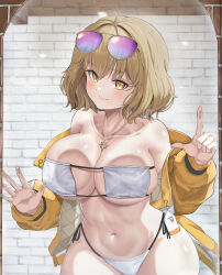 1girl absurdres adult_aongly anis_(nikke) anis_(sparkling_summer)_(nikke) bikini blonde_hair blush breasts closed_mouth eyewear_on_head glasses goddess_of_victory:_nikke highres jacket jewelry large_breasts looking_at_viewer medium_hair mirror navel necklace official_alternate_costume pink-framed_eyewear smile solo stomach swimsuit white_bikini yellow_jacket