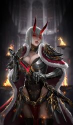Rule 34 | 1girl, armor, breasts, cape, cglas, chalice, cup, fangs, fire, gauntlets, glowing, glowing eyes, gold, highres, holding, holding weapon, horns, large breasts, lips, long hair, original, pointy ears, red eyes, sword, unsheathed, weapon, white hair