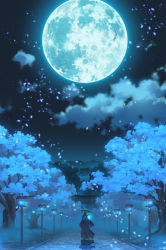 Rule 34 | 1other, absurdres, ambiguous gender, blonde hair, blue theme, blurry, building, cherry blossoms, cloud, commentary request, crater, falling petals, glowing, glowing eyes, green eyes, hakama, hakama skirt, hat, highres, holding, japanese clothes, lamp, lamppost, light, mask, moon, mouth mask, night, night sky, original, outdoors, petals, red footwear, road, scenery, sennotane, shadow, shrine, skirt, sky, slippers, solo, standing, star (sky), starry sky, torii, tree