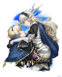 Rule 34 | 1boy, 1girl, armor, black hairband, blonde hair, blue cape, blue capelet, cape, capelet, carrying, corrin (female) (fire emblem), corrin (fire emblem), eye contact, fire emblem, fire emblem fates, from side, futabaaf, gauntlets, hair between eyes, hairband, highres, leo (fire emblem), long hair, looking at another, nintendo, open mouth, pauldrons, red eyes, shoulder armor, silver hair, very long hair, white background
