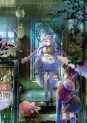 Rule 34 | 2girls, animal ears, bag, bike shorts, bird, blush, boots, braid, brown hair, cat, door, flower, fox ears, fox tail, japanese clothes, kimono, lantern, leaf, light rays, long hair, looking at another, mailbox, multiple girls, multiple tails, oil-paper umbrella, original, purple hair, railing, rain, raincoat, red eyes, road sign, rubber boots, scenery, shopping bag, sign, single braid, stained glass, stairs, tail, thighhighs, transpot nonoko, two tails, umbrella, yukata, zettai ryouiki