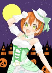Rule 34 | 1girl, absurdres, artist name, artist request, bare shoulders, belt, blush, bow, bowtie, breasts, castle, cleavage, cloud, collarbone, crescent print, cross-laced clothes, cross-laced dress, dancing stars on me!, dress, female focus, frilled dress, frills, full moon, gloves, green bow, green dress, green eyes, green ribbon, green skirt, hair between eyes, hair ornament, halloween, hat, hat bow, hat ribbon, highres, hoshizora rin, looking at viewer, love live!, love live! school idol festival, love live! school idol project, miniskirt, moon, moon print, night, night sky, orange hair, outdoors, parted lips, plaid, plaid dress, plaid skirt, pleated, pleated dress, pleated skirt, puffy short sleeves, puffy sleeves, pumpkin, purple sky, ribbon, short hair, short sleeves, skirt, sky, small breasts, smile, solo, star (sky), white belt, white dress, white gloves, white hat, white skirt, wing collar, x hair ornament, yellow eyes