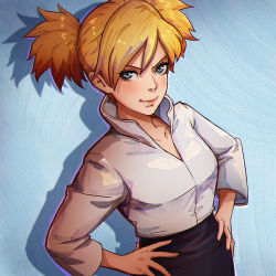 Rule 34 | 10s, 1girl, artist name, black skirt, blonde hair, blue eyes, boruto: naruto next generations, closed mouth, hands on own hips, long sleeves, looking at viewer, magion02, naruto, naruto (series), pencil skirt, popped collar, shirt, short hair, skirt, smirk, solo, standing, temari (naruto), twintails, white shirt
