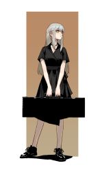Rule 34 | 1girl, black choker, black dress, black footwear, bright pupils, case, choker, closed mouth, contrapposto, dress, full body, gogalking, grey hair, highres, holding case, junior (gogalking), long hair, looking to the side, original, shoes, short sleeves, solo, standing, v arms, white pupils, yellow eyes