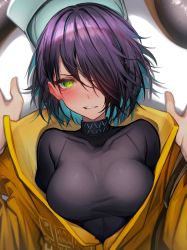 Rule 34 | 1girl, absurdres, arknights, asbestos (arknights), black hair, black shirt, blush, commentary, green eyes, grin, hair over one eye, hat, highres, jacket, long sleeves, looking at viewer, pov, shirt, short hair, smile, solo focus, tab head, taut clothes, taut shirt, yellow jacket