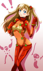 Rule 34 | !, !!, 00s, 1girl, angel (evangelion), bad id, bad pixiv id, blue eyes, blush, bodysuit, bracer, breasts, brown hair, cleavage, clothes writing, covered navel, embarrassed, english text, evangelion: 2.0 you can (not) advance, gloves, gradient background, groin, hachisuzume shijimi, hair ornament, hairclip, headgear, hip focus, knees together feet apart, light brown hair, long hair, looking at viewer, midriff, multicolored clothes, navel, neon genesis evangelion, parted lips, pilot suit, plugsuit, raised eyebrows, rebuild of evangelion, sachiel (evangelion), see-through, see-through cleavage, shadow, shamshel (evangelion), small breasts, solo, souryuu asuka langley, standing, test plugsuit, turtleneck, two side up