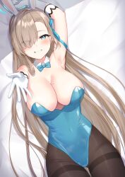 Rule 34 | 1girl, absurdres, animal ears, armpits, asuna (blue archive), asuna (bunny) (blue archive), bare shoulders, bed sheet, blue archive, blue bow, blue bowtie, blue eyes, blue leotard, blue ribbon, bow, bowtie, breasts, brown hair, brown pantyhose, cleavage, covered navel, detached collar, fake animal ears, gloves, hair over one eye, hair ribbon, halo, highres, large breasts, leotard, long hair, looking at viewer, lying, mochiko (uyu omochi), mole, mole on breast, official alternate costume, on back, pantyhose, playboy bunny, rabbit ears, ribbon, smile, solo, white gloves