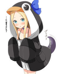 Rule 34 | 1girl, abigail williams (fate), aikawa ryou, animal costume, animal hood, bare shoulders, bikini, black bikini, blonde hair, blue choker, blue eyes, blue ribbin, choker, collarbone, commentary request, cosplay, fate/grand order, fate (series), highres, hood, long hair, looking at viewer, meltryllis, meltryllis (fate), meltryllis (swimsuit lancer) (fate), meltryllis (swimsuit lancer) (fate) (cosplay), meltryllis (swimsuit lancer) (first ascension) (fate), micro bikini, parted bangs, penguin costume, penguin hood, ribbon, simple background, sleeves past fingers, sleeves past wrists, solo, swimsuit, tentacles, translation request, white background