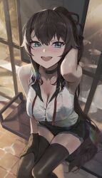 Rule 34 | 1girl, absurdres, aqua eyes, arm behind head, bench, black camisole, black choker, black gloves, black shorts, black thighhighs, breasts, brown hair, bus stop, camisole, choker, choppy bangs, cleavage, cropped legs, gloves, highres, large breasts, logknn, long hair, looking at viewer, open mouth, original, ponytail, route map, see-through, shirt, short shorts, shorts, sidelocks, sitting, sleeveless, sleeveless shirt, thighhighs, tile floor, tiles, very long hair, wet, wet clothes, wet hair, white shirt