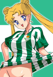 Rule 34 | 1990s (style), 1girl, bishoujo senshi sailor moon, blonde hair, blue eyes, bottomless, breasts, earrings, female focus, jewelry, long hair, real betis, smile, soccer, soccer jersey, solo, standing, striped, tsukino usagi, twintails, vertical stripes