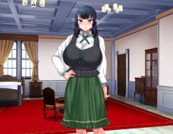 Rule 34 | 1girl, bed, blue hair, blush, breasts, carpet, ceiling, chair, chandelier, closed mouth, curtains, door, female focus, frilled skirt, frills, green skirt, hair intakes, hand on own hip, high-waist skirt, highres, huge breasts, indoors, legs, long sleeves, medium hair, nose blush, original, pink eyes, seuma, skirt, solo, standing, thighs, window