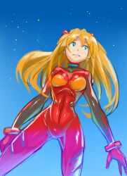 Rule 34 | 1girl, absurdres, blue background, blue eyes, bodysuit, breasts, brown hair, cowboy shot, highres, long hair, medium breasts, neon genesis evangelion, plugsuit, red bodysuit, shinn0512, shiny clothes, smile, solo, souryuu asuka langley, two side up