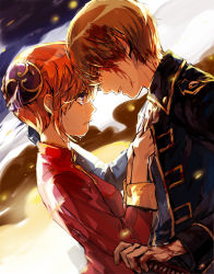 Rule 34 | 1boy, 1girl, blood, blood on face, blue eyes, brown hair, china dress, chinese clothes, couple, crying, crying with eyes open, dress, eye contact, gintama, hair bun, hand on hilt, kagura (gintama), looking at another, military, military uniform, okita sougo, open mouth, orange hair, red dress, red eyes, short hair, single hair bun, tears, uniform, upper body, zzyzzyy