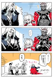 Rule 34 | 10s, 2girls, 4boys, ^^^, ahoge, beard, blush, breasts, cape, chair, cleavage, comic, facial hair, fate/apocrypha, fate/extra, fate/grand order, fate (series), fujimaru ritsuka (male), koshiro itsuki, long hair, mash kyrielight, multiple boys, multiple girls, nero claudius (fate), nero claudius (fate) (all), nero claudius (fate/extra), red eyes, romani archaman, romulus (fate), runny nose, sitting, sneezing, snot, table, translation request, trembling, type-moon, vlad iii (fate/apocrypha)