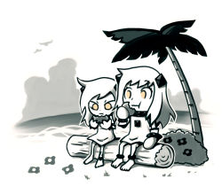 Rule 34 | 2girls, abyssal ship, ahoge, barefoot, beach, bird, cloud, cloudy sky, coconut tree, colored skin, commentary, dress, eating, holding, horizon, horns, kantai collection, log, long hair, mittens, multiple girls, northern little sister, northern ocean princess, ocean, palm tree, setz, sitting, sky, tree, white dress, white hair, white skin, yellow eyes