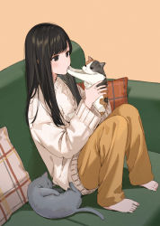 Rule 34 | 1girl, absurdres, animal, animal ears, barefoot, black cat, black eyes, black hair, blush, calico, cat, cat ears, cat tail, closed eyes, couch, full body, highres, holding, holding animal, holding cat, indoors, knees up, long hair, long sleeves, looking at animal, loose clothes, on couch, original, pillow, puckered lips, rejected kiss, sako (35s 00), sitting, sleeping, solo, sweater, tail, white cat, wide sleeves, yellow background