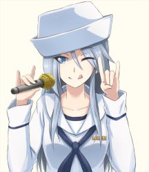 Rule 34 | 10s, 1girl, :q, \n/, blouse, blue eyes, blue neckerchief, closed mouth, collarbone, dixie cup hat, double n/, eyes visible through hair, flint (girls und panzer), fox shadow puppet, girls und panzer, grey hair, hat, holding, holding microphone, long hair, long sleeves, looking at viewer, microphone, military hat, neckerchief, omachi (slabco), one eye closed, ooarai naval school uniform, sailor, sailor collar, school uniform, shirt, simple background, smile, solo, standing, tongue, tongue out, upper body, white background, white hat, white shirt