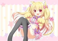 Rule 34 | 1girl, :d, animal ears, animal hands, bad id, bad pixiv id, bare shoulders, bell, black thighhighs, blush, bow, breasts, brown hair, cat ears, cat girl, cat tail, choker, commentary request, convenient leg, crop top, fang, frilled shirt, frilled skirt, frilled thighhighs, frills, gloves, gradient hair, hair between eyes, hair bow, hands up, himetsuki luna, jingle bell, long hair, medium breasts, midriff, multicolored hair, open mouth, original, paw gloves, pink bow, pink shirt, pink skirt, pleated skirt, purple bow, purple choker, red eyes, shirt, skirt, smile, solo, star (symbol), striped, striped background, tail, tail bow, tail ornament, thighhighs, two side up, vertical stripes, very long hair