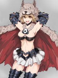 Rule 34 | &gt;:d, 10s, 1girl, :d, armor, armpits, arms behind head, bandeau, berserker (granblue fantasy), blonde hair, breasts, brown eyes, cape, clothing cutout, collarbone, djeeta (granblue fantasy), eyebrows, fur collar, granblue fantasy, grey background, hair between eyes, heart cutout, highres, koenza botoke, looking at viewer, medium breasts, open mouth, pleated skirt, shirt, short hair, simple background, skirt, smile, solo, v-shaped eyebrows, white shirt, wolf hat