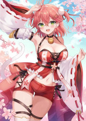 Rule 34 | 1girl, 35p (sakura miko), :d, absurdres, ahoge, arm up, armpits, bare shoulders, bell, black choker, blush, breasts, cat tail, cherry blossoms, choker, cleavage, cowboy shot, crossed bangs, detached sleeves, flower, green eyes, hair ornament, hair ribbon, highres, hololive, jingle bell, large breasts, long sleeves, looking at viewer, medium hair, midriff, navel, neck bell, open mouth, petals, pink flower, pom pom (clothes), pom pom hair ornament, red eyes, red footwear, red ribbon, retsuto, ribbon, sakura miko, sakura miko (work), short shorts, shorts, smile, solo, tail, thigh strap, thighhighs, two side up, virtual youtuber, wide sleeves