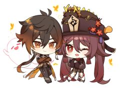 Rule 34 | 1boy, 1girl, brown hair, chibi, closed mouth, crossed arms, dragon, flower, genshin impact, ghost, gradient hair, hat, highres, hu tao (genshin impact), long hair, multicolored hair, one eye closed, open mouth, simple background, sp0i0ppp, star-shaped pupils, star (symbol), symbol-shaped pupils, twintails, very long hair, white background, zhongli (genshin impact)