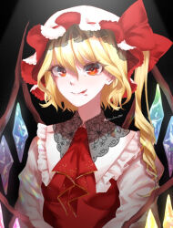 Rule 34 | 1girl, ascot, blonde hair, blood, blood on face, crystal wings, flandre scarlet, hat, hat ribbon, jun jun 0319, mob cap, red ascot, red eyes, red ribbon, ribbon, side ponytail, solo, touhou, upper body