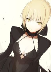 Rule 34 | 1girl, artoria pendragon (fate), black dress, blonde hair, breasts, cleavage, dress, fate/grand order, fate/stay night, fate (series), looking at viewer, lpip, saber (fate), saber alter, simple background, solo, white background, yellow eyes