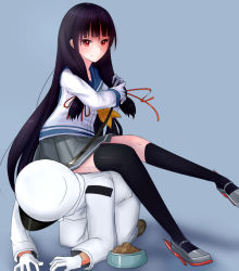 Rule 34 | 10s, admiral (kancolle), black hair, femdom, hair ribbon, human chair, human furniture, isokaze (kancolle), kantai collection, leash, long hair, looking at viewer, pet play, red eyes, ribbon, simple background, sitting, sitting on person, skirt, smile, thighhighs, very long hair