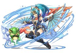 Rule 34 | 1girl, black thighhighs, blue eyes, blue hair, breasts, cleavage, fishnets, folding fan, frog, hand fan, hatsume (p&amp;d), holding, horns, itou youichi, long hair, matching hair/eyes, medium breasts, ninja, official art, ponytail, puzzle &amp; dragons, simple background, smile, solo, thighhighs, very long hair, white background