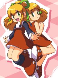 Rule 34 | 2girls, :d, back-to-back, blush stickers, boots, bow, capcom, child, dress, dual persona, female focus, green bow, green eyes, hair bow, lillithlauda, looking at viewer, md5 mismatch, mega man (classic), mega man (series), multiple girls, open mouth, pixel art, ponytail, red dress, red footwear, roll (mega man), sidelocks, sleeveless, sleeveless dress, smile