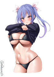 Rule 34 | 1girl, bikini, black bikini, black sweater, blue hair, blush, breasts, cameltoe, clothes lift, cowboy shot, cropped legs, ebifurya, hair ribbon, highres, i-19 (kancolle), kantai collection, large breasts, long hair, looking at viewer, navel, one-hour drawing challenge, pink eyes, ribbon, simple background, solo, stomach, sweater, sweater lift, swimsuit, symbol-shaped pupils, thighs, turtleneck, turtleneck sweater, twintails, twitter username, white background