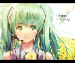Rule 34 | bad id, bad pixiv id, flower, green eyes, green hair, hatsune miku, headset, letterboxed, nauribon, petals, smile, solo, spring onion, twintails, vocaloid