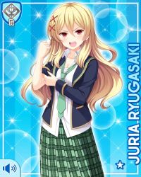 Rule 34 | 1girl, blazer, blonde hair, blue background, blue jacket, card (medium), character name, clenched hand, cut out, dress, earrings, girlfriend (kari), green dress, green neckwear, jacket, jewelry, necktie, official art, open mouth, plaid, plaid dress, qp:flapper, red eyes, rolled up, ryugasaki juria, school uniform, shirt, standing, tagme, white shirt, shouting