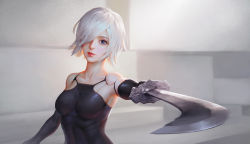 Rule 34 | 1girl, android, blue eyes, hair over one eye, looking at viewer, nier (series), nier:automata, parted lips, silver hair, solo, sword, upper body, weapon, wenfei ye, a2 (nier:automata)