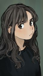 Rule 34 | 1girl, akai sashimi, black eyes, black hair, black shirt, frown, grey background, highres, long hair, looking at viewer, looking to the side, original, portrait, shirt, simple background, solo, upper body, wavy hair
