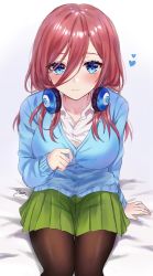Rule 34 | 1girl, absurdres, arm support, black pantyhose, blue cardigan, blue eyes, blush, breasts, brown hair, cardigan, closed mouth, collarbone, collared shirt, commentary request, cowboy shot, go-toubun no hanayome, green skirt, hair between eyes, headphones, headphones around neck, heart, highres, large breasts, long hair, long sleeves, looking at viewer, nakano miku, on bed, pantyhose, parum39, pleated skirt, school uniform, shiny clothes, shiny legwear, shirt, signature, sitting, skirt, smile, solo, white background, white shirt