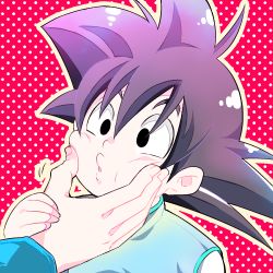 Rule 34 | 1boy, black eyes, black hair, cheek pinching, child, chinese clothes, dragon ball, dragonball z, looking away, lowres, male focus, pinching, red background, rochiko (bgl6751010), short hair, simple background, solo focus, son goten, spiked hair, white background